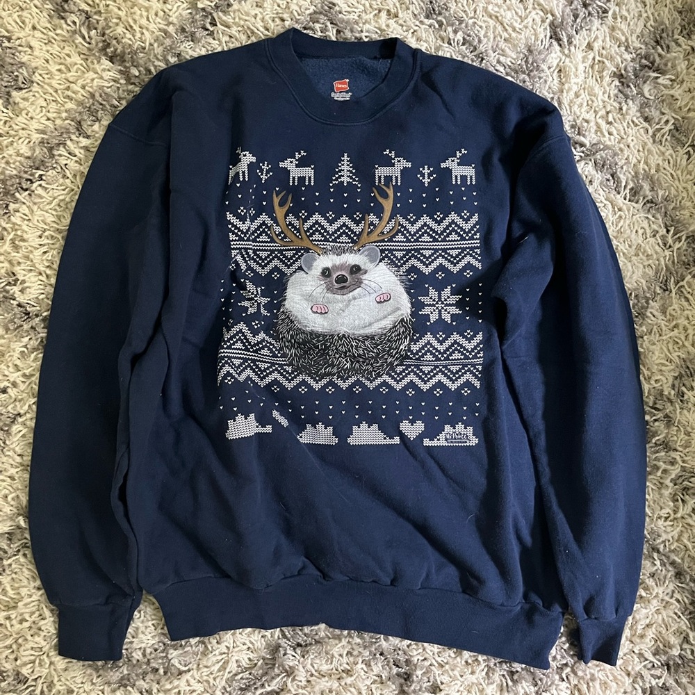 Navy Holiday Reindeer Hedgehog Crewneck Sweater